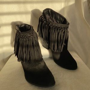 Black suede like booties with fringe.